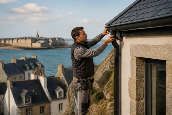 Installation gouttière avec récupérateur eau pluie Saint-Malo